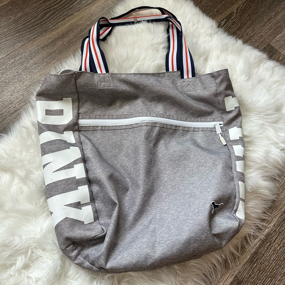 PINK Gray Tote Bag with White Accents